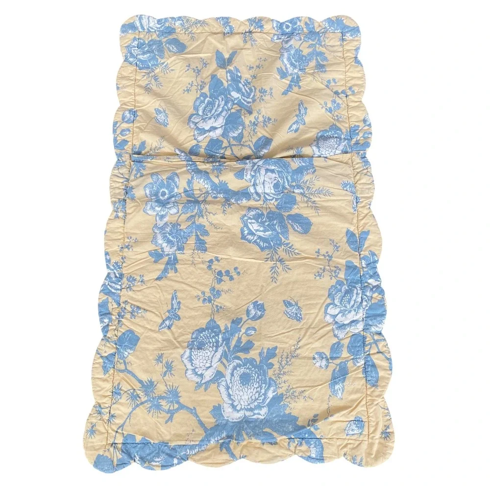 Floral Toile Quilted King Sham Yellow Blue Scalloped Edge 100% Cotton RN102284‎